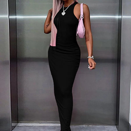 Hugcitar Ribbed Sexy Y2K Clothes Sleeveless Bodycon Maxi Dresses For Women Club Birthday Party Streetwear Elegant Outfits