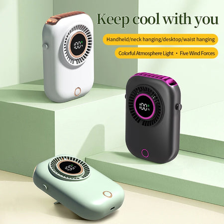 Colorful Hanging Neck Fan Portable Hanging Neck Fan Intelligent Digital Display Colorful Atmosphere Light Five-speed Adjustable