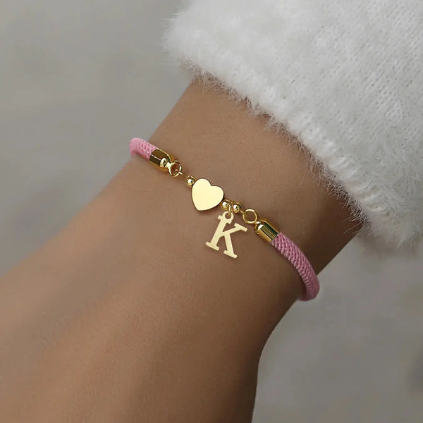 Initial Heart Charm Letter Link Bracelet, Fashion All-Match Jewelry for Women, Retro Adjustable Rope Bracelet for Daily Use