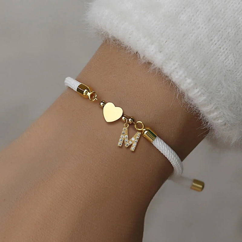 Initial Heart Charm Letter Link Bracelet, Fashion All-Match Jewelry for Women, Retro Adjustable Rope Bracelet for Daily Use