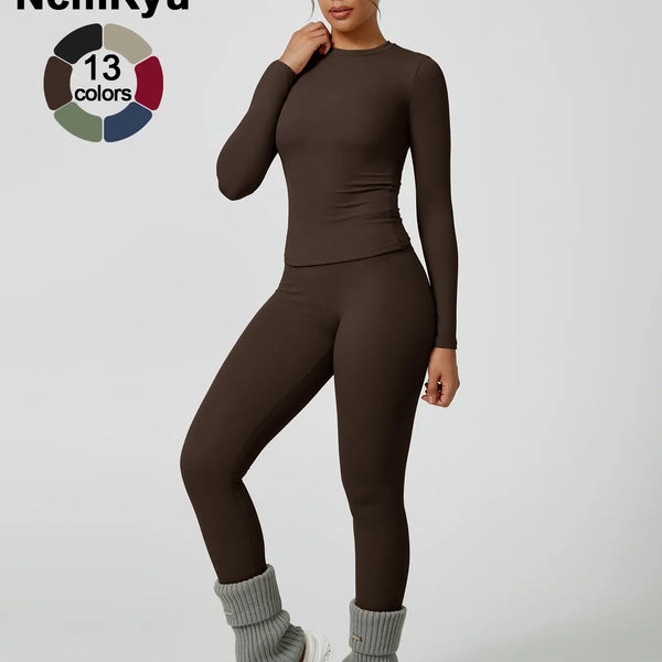 Two-Piece Set Women'S Patchwork High Elastic Soft round Neck Flat Shoulder Long Sleeve Slim Fit Beautiful Hip Tight Pants Yoga Clothes Suit Workout Running Clothes Four Seasons Outdoor Running Cycling Hiking Walking Shopping Fashion Suit Gym