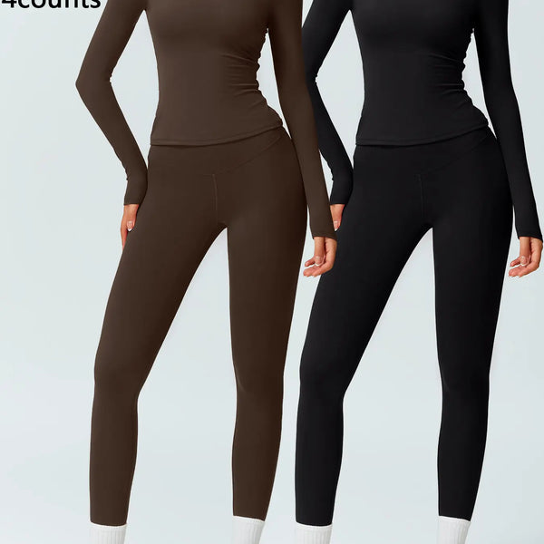 Two-Piece Set Women'S Patchwork High Elastic Soft round Neck Flat Shoulder Long Sleeve Slim Fit Beautiful Hip Tight Pants Yoga Clothes Suit Workout Running Clothes Four Seasons Outdoor Running Cycling Hiking Walking Shopping Fashion Suit Gym