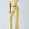 Women'S Basic Solid Short Sleeve Two-Piece Set, Casual round Neck Crop Tee & Drawstring High Waist Trousers for Daily Wear, Ladies Summer Clothes, Womenswear