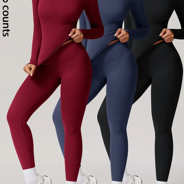 Two-Piece Set Women'S Patchwork High Elastic Soft round Neck Flat Shoulder Long Sleeve Slim Fit Beautiful Hip Tight Pants Yoga Clothes Suit Workout Running Clothes Four Seasons Outdoor Running Cycling Hiking Walking Shopping Fashion Suit Gym