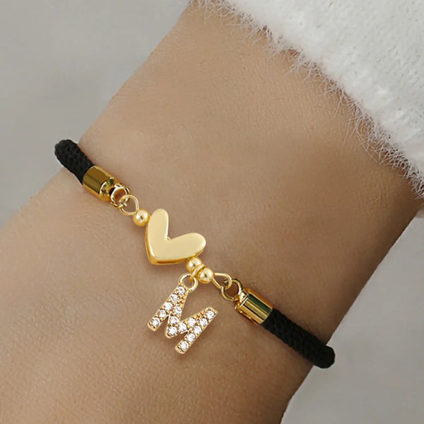 Initial Heart Charm Letter Link Bracelet, Fashion All-Match Jewelry for Women, Retro Adjustable Rope Bracelet for Daily Use