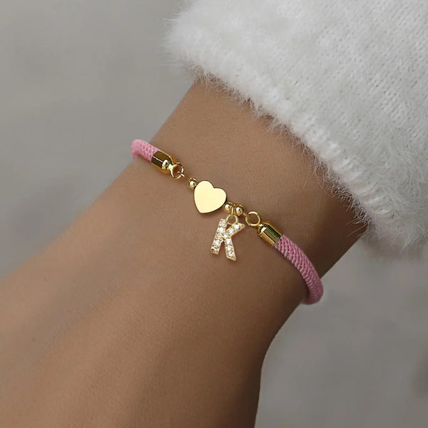 Initial Heart Charm Letter Link Bracelet, Fashion All-Match Jewelry for Women, Retro Adjustable Rope Bracelet for Daily Use