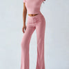 Women'S Basic Solid Short Sleeve Two-Piece Set, Casual round Neck Crop Tee & Drawstring High Waist Trousers for Daily Wear, Ladies Summer Clothes, Womenswear