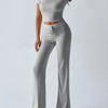 Women'S Basic Solid Short Sleeve Two-Piece Set, Casual round Neck Crop Tee & Drawstring High Waist Trousers for Daily Wear, Ladies Summer Clothes, Womenswear