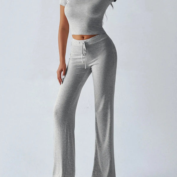 Women'S Basic Solid Short Sleeve Two-Piece Set, Casual round Neck Crop Tee & Drawstring High Waist Trousers for Daily Wear, Ladies Summer Clothes, Womenswear