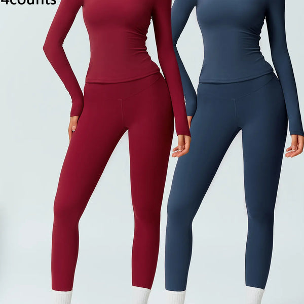 Two-Piece Set Women'S Patchwork High Elastic Soft round Neck Flat Shoulder Long Sleeve Slim Fit Beautiful Hip Tight Pants Yoga Clothes Suit Workout Running Clothes Four Seasons Outdoor Running Cycling Hiking Walking Shopping Fashion Suit Gym