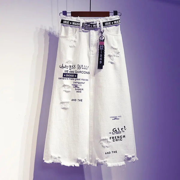 2025 New Women Skirt White Denim Long Skirts Letter Print Korean Style Fashion Hole Oversize Plus Size Female Skirts
