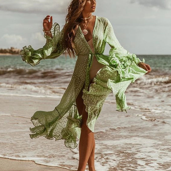 Women Swimsuit Cover Up Sleeve Beach Tunic Dress Robe De Plage Solid White Cotton Pareo High Collar Beachwear