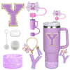 8PCS Accessories Set for Stanley Cup Purple 30oz 40oz tumbler Silicone Straw Topper Cover Cap Boot Handle Charm Initials Sticker