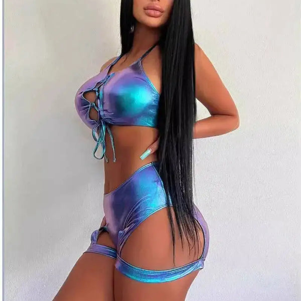 Electric Syllable Split Set Sexy Hollow Tank Top Laser Gold Plated Leg Ring Shorts Two Piece Bikini Set Suspenders Backless 8384