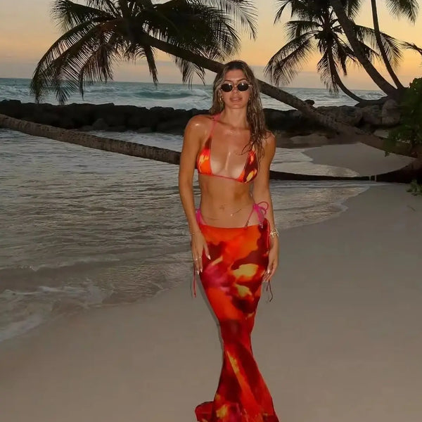 New Bikini Beach Skirt Tunics for Beach Long Leaves Print Bikini Cover up Robe de Plage Sarong Beach Swimsuit cover-ups