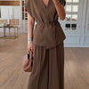 Lace Up Irregular Top Pants Suits Women Elegant V-neck Short Sleeve Belt Slim Tops High Waist Wide Leg Trousers Chic Ladies Sets