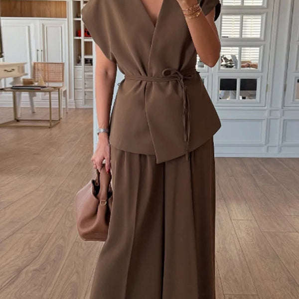 Lace Up Irregular Top Pants Suits Women Elegant V-neck Short Sleeve Belt Slim Tops High Waist Wide Leg Trousers Chic Ladies Sets