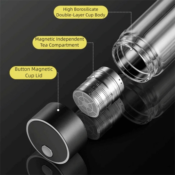 Double Wall Glass Tea Cup with Tea Infuser 500ml Magnetic Glass Tumbler Stainless Steel Filter Insulated Glass Water Bottle