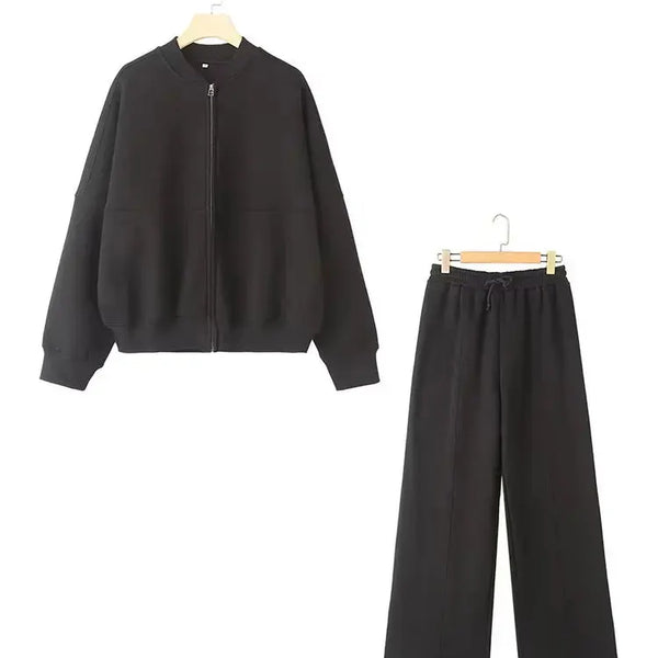 HH Women's Fall 2-Piece Retro Solid Color Zip Bomber Jacket Sweatshirt+High Waist Lace Up Women's Wide Leg Pants Street Wear