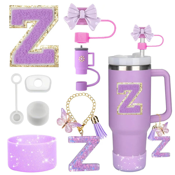 8PCS Accessories Set for Stanley Cup Purple 30oz 40oz tumbler Silicone Straw Topper Cover Cap Boot Handle Charm Initials Sticker