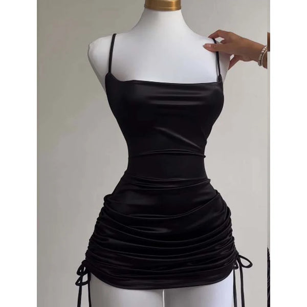 Sexy Sleeveless Backless Bodycon Mini Dress Women Summer Satin Lace Up Party Club Dresses Streetwear Evening Black Y2K 2025 Robe