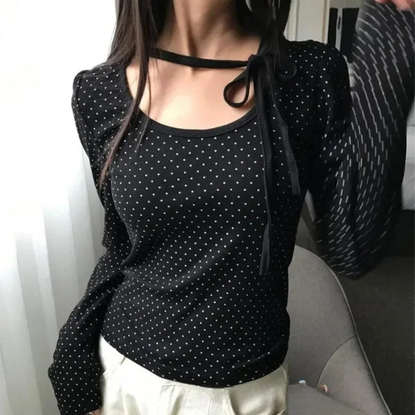 Matakawa Y2k Bandage T Shirt for Women Polka Dot Spring Autumn Korean Fashion Ropa De Mujer Sexy Vintage Slim Camisetas