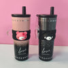 Cute Bear Stainless Steel Tumbler 700ml Vacuum Insulated Cup with Straw Tea Filter Leakproof Coffee Mug for Office Travel