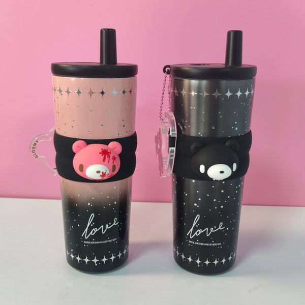 Cute Bear Stainless Steel Tumbler 700ml Vacuum Insulated Cup with Straw Tea Filter Leakproof Coffee Mug for Office Travel
