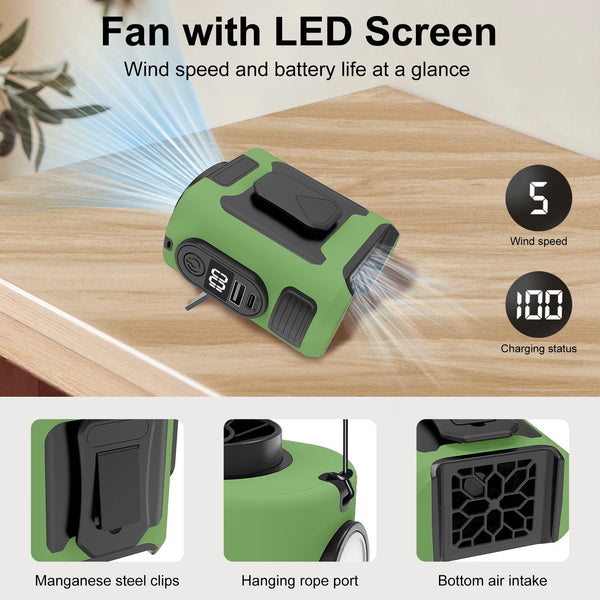 Portable Waist Clip Neck-Worn Fan 5-Speed Strong Wind with Power Bank and LED Light Ideal for Hiking Couriers and Outdoor Work