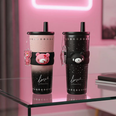 Cute Bear Stainless Steel Tumbler 700ml Vacuum Insulated Cup with Straw Tea Filter Leakproof Coffee Mug for Office Travel