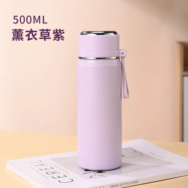 500/600ml 316 Stainless Steel Insulated Water Bottle, Matte Flask with Tea Strainer & Carry Strap for Outdoor