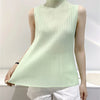 Miyake Pleated Elegant Fashion Temperament Solid Color Half High Neck Sleeveless Women's Vest 2023 Summer New Breathable Top