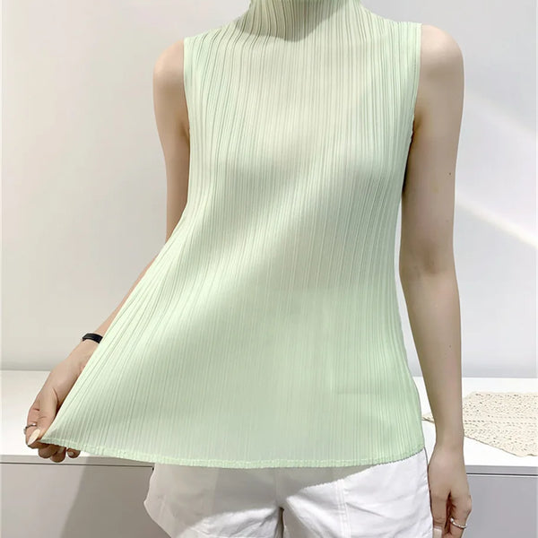 Miyake Pleated Elegant Fashion Temperament Solid Color Half High Neck Sleeveless Women's Vest 2023 Summer New Breathable Top