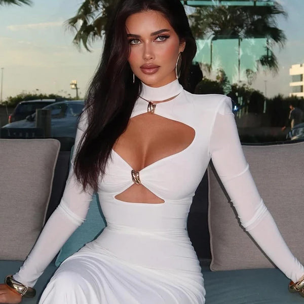 Elegant Party Dresses For Women Fashion Sexy Solid Full Sleeves Hollow Out Turtleneck Sheath Hip Wrap Long Vestidos Robes Female