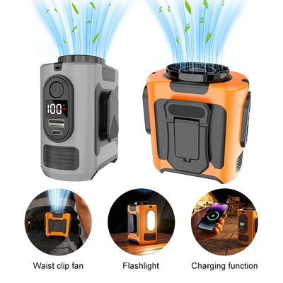 Portable Waist Clip Neck-Worn Fan 5-Speed Strong Wind with Power Bank and LED Light Ideal for Hiking Couriers and Outdoor Work