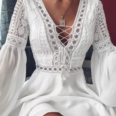 Women's A Line Dress Short Mini Dress White Black Red Long Sleeve Solid Color Ruffle Patchwork Chiffon Spring Summer Slim V Neck