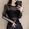 Y2K Sheer Sun-Proof Shirts Women Striped Long Sleeve T Shirts Streetwear See Through Mesh Blouses Korean Sun Protection Tops New