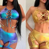 Electric Syllable Split Set Sexy Hollow Tank Top Laser Gold Plated Leg Ring Shorts Two Piece Bikini Set Suspenders Backless 8384