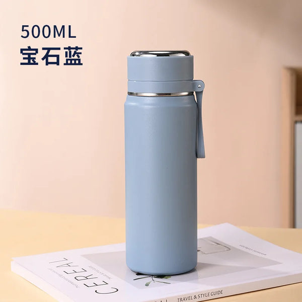 500/600ml 316 Stainless Steel Insulated Water Bottle, Matte Flask with Tea Strainer & Carry Strap for Outdoor