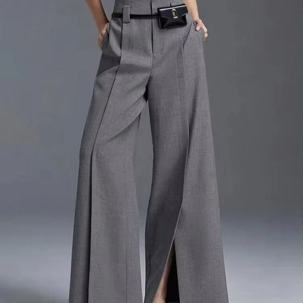 Yeezzi Urban Female Business Suit Pants 2025 New Fashion Black White Loose Straight Pant High-Waist Pleated Split-Front Trousers