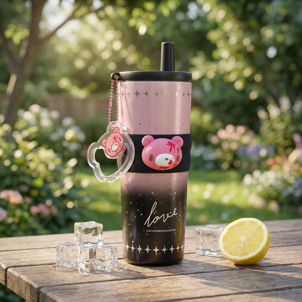 Cute Bear Stainless Steel Tumbler 700ml Vacuum Insulated Cup with Straw Tea Filter Leakproof Coffee Mug for Office Travel