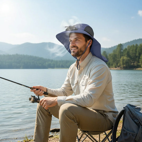 Solar Fan Hat with Neck Flap UV Protection Hat with Solar Fan USB Rechargeable Breathable Men Summer Outdoor Fishing Hat