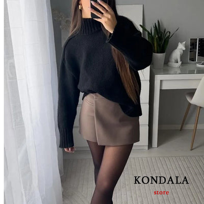 KONDALA Vintage Split Mini Shorts Skirt Women Fashion 2025 Front Pockets High Waist Office Lady Shorts Elegant Shorts Skirts