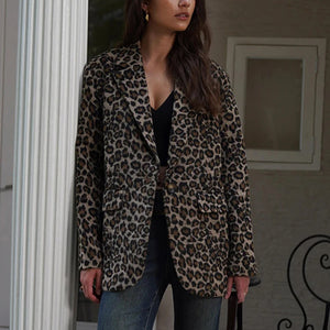 Vintage Leopard Women's Jacket Suit Casual Turndown Collar Women Coat Fashion V-neck Long Sleeve Jackets Autumn New Coats