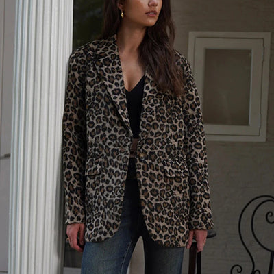 Vintage Leopard Women's Jacket Suit Casual Turndown Collar Women Coat Fashion V-neck Long Sleeve Jackets Autumn New Coats