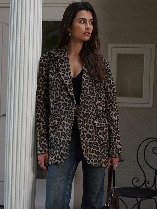 Vintage Leopard Women's Jacket Suit Casual Turndown Collar Women Coat Fashion V-neck Long Sleeve Jackets Autumn New Coats
