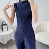 Miyake Pleated Elegant Fashion Temperament Solid Color Half High Neck Sleeveless Women's Vest 2023 Summer New Breathable Top