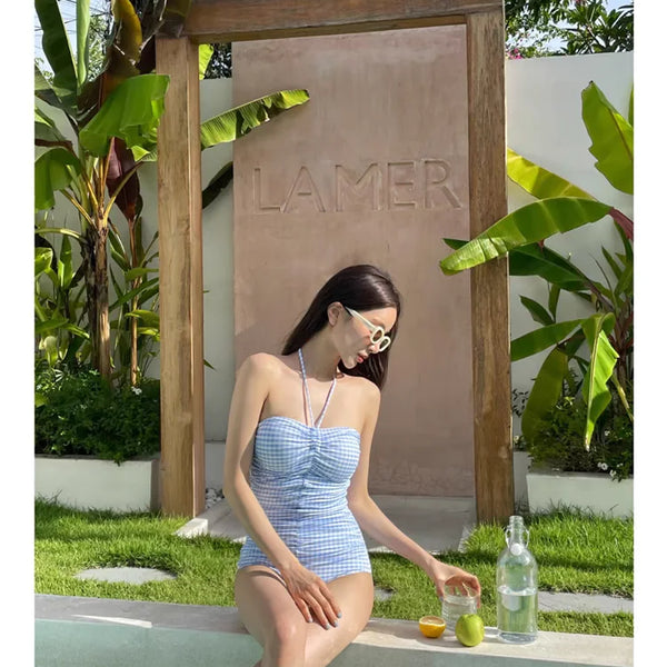 2024 New Women's One-Piece Swimsuit Blue Plaid Cover-Up Bikini Sexy Girl Style Comfortable Fit Swimming Suit Casual Swimwear