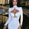 Elegant Party Dresses For Women Fashion Sexy Solid Full Sleeves Hollow Out Turtleneck Sheath Hip Wrap Long Vestidos Robes Female