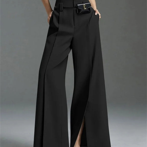 Yeezzi Urban Female Business Suit Pants 2025 New Fashion Black White Loose Straight Pant High-Waist Pleated Split-Front Trousers